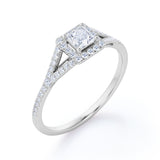 Women's Ring 1 carat Square Moissanite and Diamond Split Shank Engagement Ring in White Gold