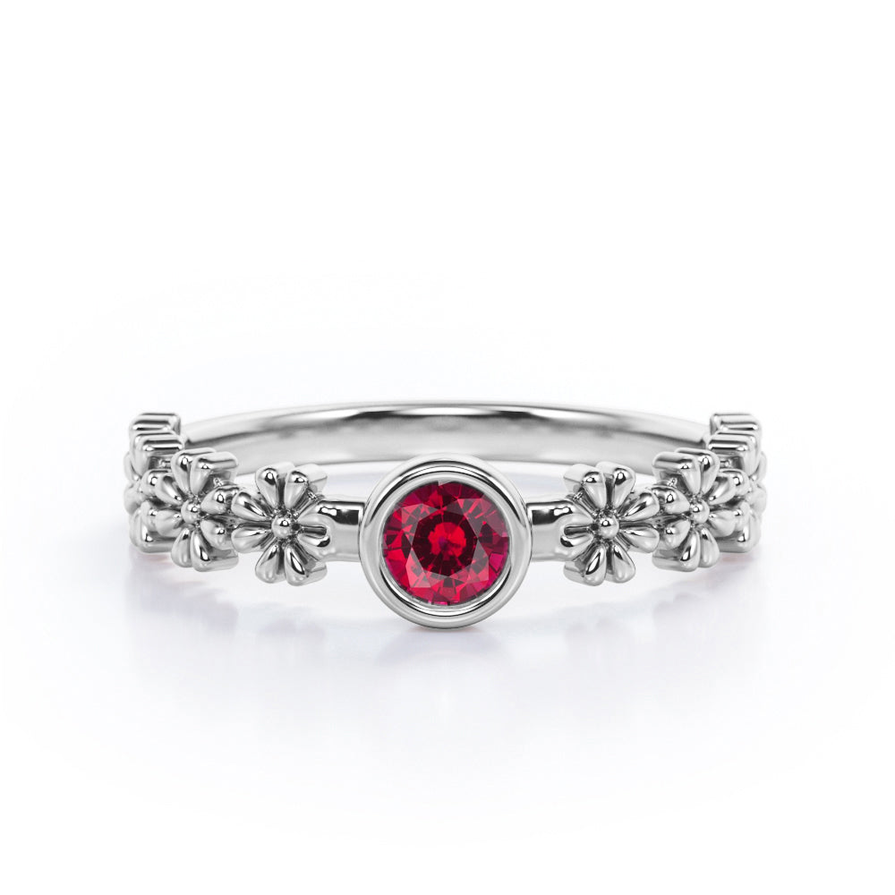 Flower Field 0.5 carat Round Lab Ruby Solitaire Nature-Inspired ring in Rose Gold