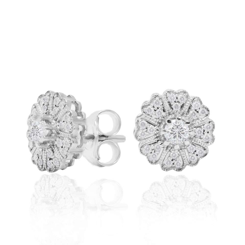 Flower Milgrain Real Diamond Earrings in 18K White Gold over Silver