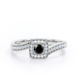 Flush-Prong Halo 1.25 Carat Round Cut Black Diamond Milgrain-Edged Pave Channel Engagement Ring in White Gold