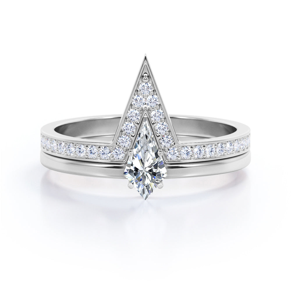 Classy Minimalist 0.7 carat Kite Shape Moissanite and Diamond Bridal Ring Set in Black Gold