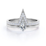 Classy Minimalist 0.7 carat Kite Shape Moissanite and Diamond Bridal Ring Set in Black Gold