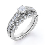 Vintage-inspired 1 carat Cushion Cut Moissanite and Diamond Wedding Set in White Gold - Anniversary Gift