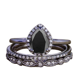 1.50 ct Pear Lab Black Diamond Antique Trio Bridal Set