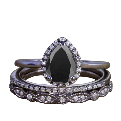 Affordable 1.50 Carat Pear cut Lab Black Diamond Antique Wedding Trio Ring Set in 10k Black Gold