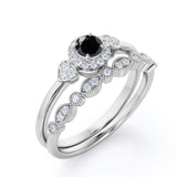 1.35 Carat Round Cut Lab Grown Black Diamond Halo Wedding Ring Set In White Gold