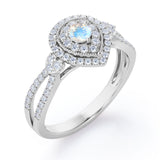 Pear-Shaped Double Halo - 1.7 Carat Round Cut Moonstone and diamond - Pave Split Shank Engagement Ring in White Gold