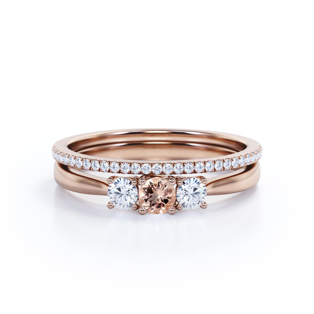 Minimal Three Stone 1.25 carat Round Morganite and Moissanite Classic Bridal Ring Set in White Gold