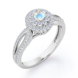 Double Halo Cluster 1.8 Carat Round-Shaped Moonstone and diamond Split-Shanked Milgrain Pave Engagement Ring in Rose Gold