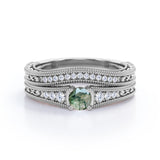 Antique Milgrain 0.8 carat Round Dendritic Moss Agate Stone and Moissanite Bridal Set in White Gold