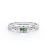 Stylish Cathedral 0.6 carat Round Green Moss Agate and Moissanite Engagement Ring in White Gold