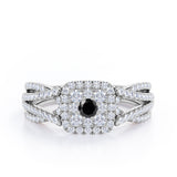 Double Infinity Split Shank - 1.4 Carat Round Shaped Black Diamond - Flush Cluster Halo Engagement Ring in White Gold