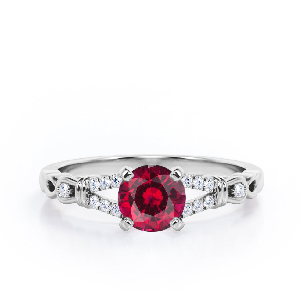 Split Shank 0.6 carat Round Lab Ruby and Diamond Engagement Ring in Rose Gold