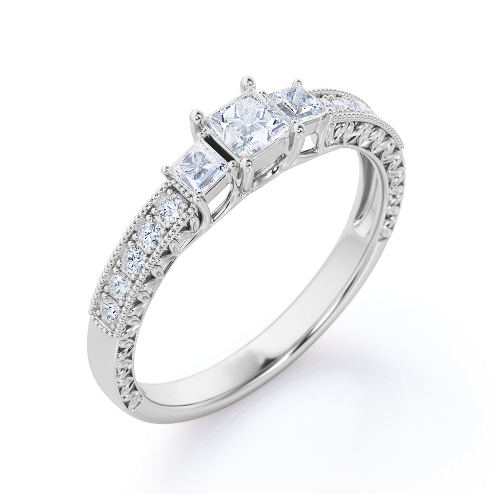 Intricate Leaf-inspired 1 carat Princess Moissanite and Diamond Engagement Ring in Rose Gold