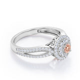 Double Halo Cluster 1.8 Carat Round-Shaped Morganite and diamond Split-Shaked Milgrain Pave Engagement Ring in Rose Gold