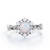 Floral Halo 0.7 carat Round Opal and Diamond Engagement Ring in White Gold