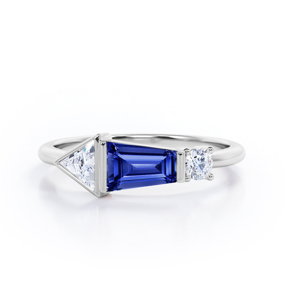 Lovely House Three Stone 1 carat Baguette Blue Sapphire and moissanite Engagement Ring in Rose Gold