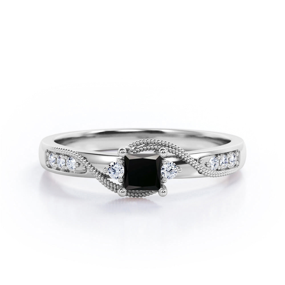 Double Curved Line Milgrain 0.55 carat Princess Black Diamond Dainty Engagement Ring in Black  Gold