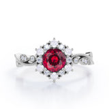 Floral Halo 0.7 carat Round Lab-Created Ruby and Diamond Engagement Ring in White Gold