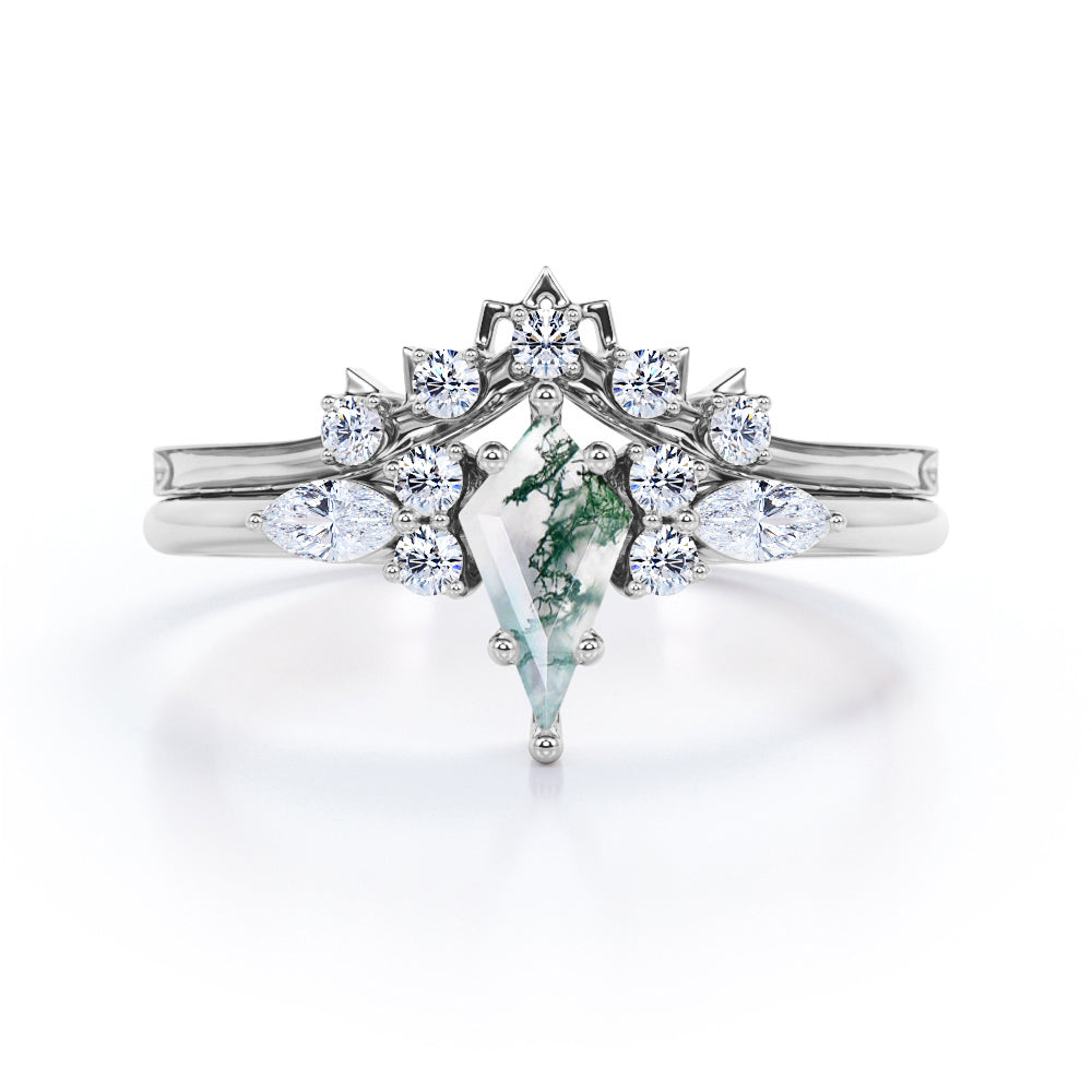 Spike 1.5 carat Kite Shape Moss Agate and Moissanite Wedding Ring Set in Black Gold