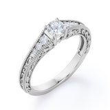 Antique 0.75 carat Round Cut Moissanite and Diamond Engagement Ring in White Gold