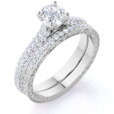 1.5 Carat Round Cut Moissanite Wedding Set - Bridal Set - Two Row Ring - Cluster Ring - 18k White Gold Over Silver