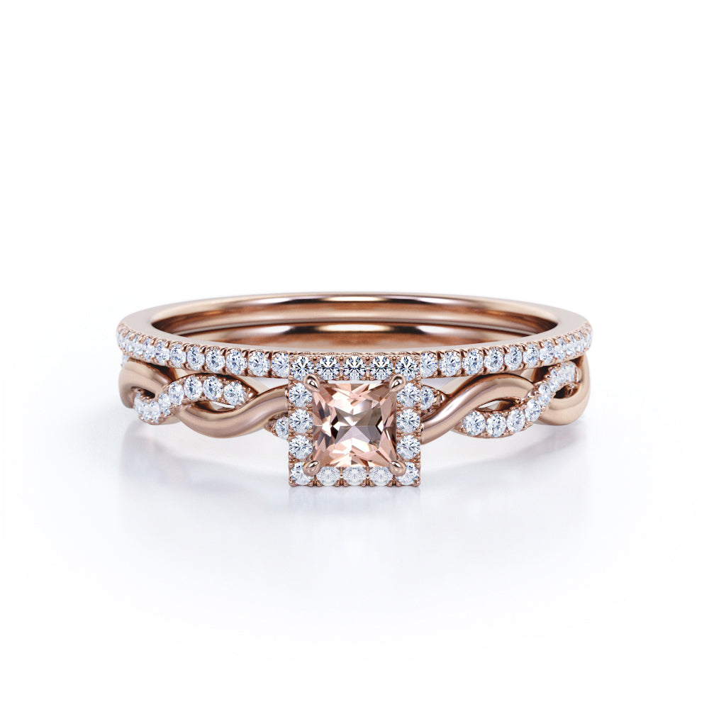 Infinity Twisted 1.2 carat Princess Morganite and Moissanite Classic Wedding Ring Set in White Gold