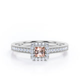 Halo Design 1.25 Carat Princess Cut Morganite and diamond Milgrain-Bordered Pave-Channel Engagement Ring in White Gold