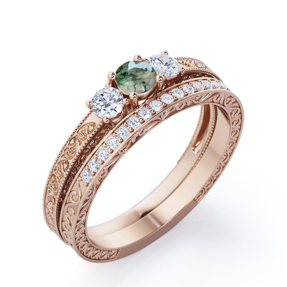 Handmade Antique 1 carat Round Moss Agate and Moissanite 3 Stones Bridal Ring Set in White Gold