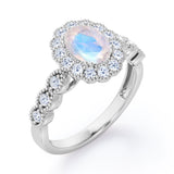 Vintage Floral Halo 0.7 carat Oval and Round Moonstone and diamond Engagement Ring in Rose Gold