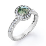 Decorative Halo 1 carat Round Moss Green Agate and Diamond Milgrain Engagement Ring in White Gold