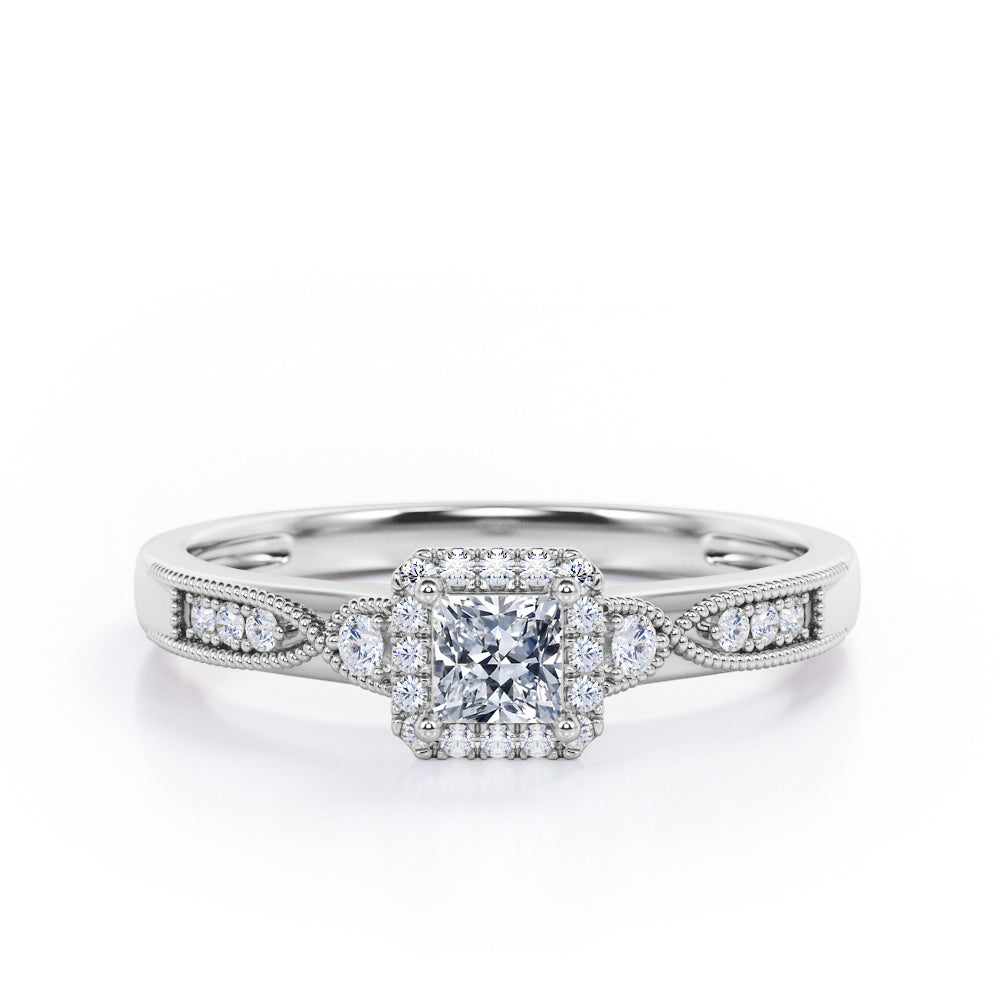 Infinity Milgrain - 1.15 Carat Princess Cut Moissanite and diamond - Petite Pave Channel - Halo Engagement Ring in Rose Gold