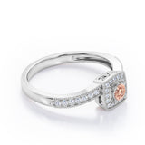 Flush-Prong Halo 1.25 Carat Round Cut Morganite and diamond Milgrain-Edged Pave Channel Engagement Ring in Rose Gold