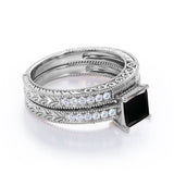 1.50 carat princess cut Black Diamond vintage milgrain bridal set ring in white gold