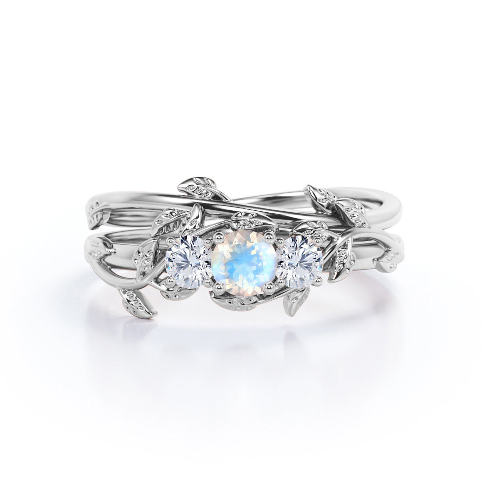 0.7 ct Round Moonstone Leaf Vine Bridal Set
