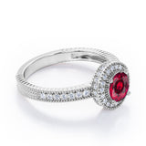 Decorative Halo 1 carat Round Lab Ruby and Diamond Milgrain Engagement Ring in White Gold