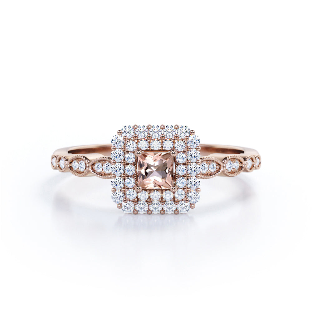 Double Halo 0.95 carat Princess Morganite and Moissanite Scalloped Engagement Ring in White Gold