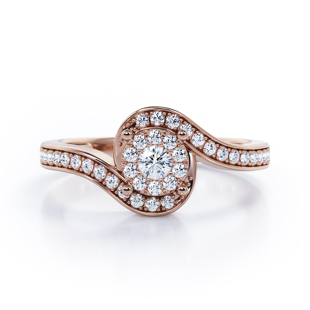 Wrapped Round 0.65 carat Round Moissanite and Diamonds Bypass Engagement Ring in Rose Gold