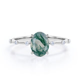 Tapered 0.6 Ct Oval Green Moss Agate Engagement Ring