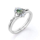 Heart Split Shank 0.6 carat Round Moss Green Agate and Moissanite Wedding Set in White Gold