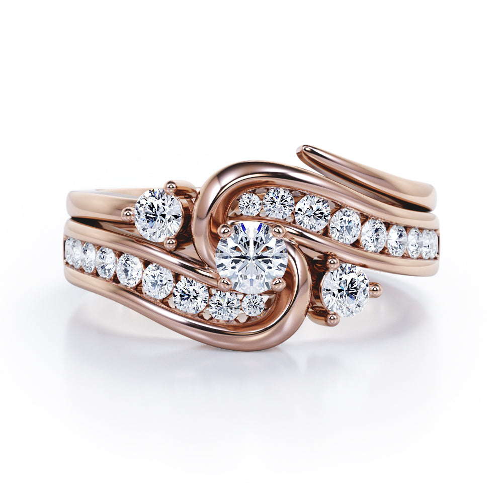 Twisted Tension - Prong 1 TCW Round Brilliant Cut Moissanite and Diamond - Flush Channel Wedding Set in White Gold