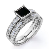1.50 carat princess cut Black Diamond vintage milgrain bridal set ring in white gold