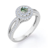 Double Halo Cluster 1.8 Carat Round-Shaped Green Moss Agate and diamond Split-Shaked Milgrain Pave Engagement Ring in Rose Gold