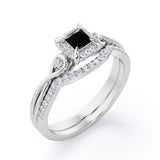 0.69 ct Princess Lab Black Diamond Cushion Halo Bridal Set