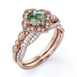 Antique floral 1.25 Carat Round Moss Agate Bridal Set