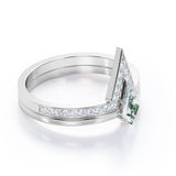 Modern 0.75 carat Kite Shaped Moss Agate and Moissanite Bridal Ring Set in White Gold