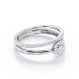 Bezel 1 carat Cushion Moissanite and Diamond Halo Wedding Ring For Her in White Gold