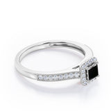 Halo Design 1.25 Carat Princess Cut Black Diamond Milgrain-Bordered Pave-Channel Engagement Ring in White Gold