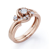 6 Prong Tension Design - 0.55 TCW Round Shaped Moissanite and Diamond - Flush Chanel Wedding Ring Set - Rose Gold