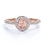 1.2 TCW Round Cut Lab Created Morganite and Moissanite - Splendid Encrusted Twirl - Pave Halo Engagement Ring - 18K Rose Gold Plating over Silver